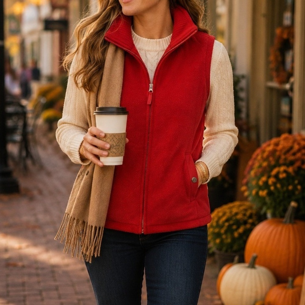 Lands' End Full-Zip Fleece Vest featuring a Rib-Knit Collar Size M red NWOT